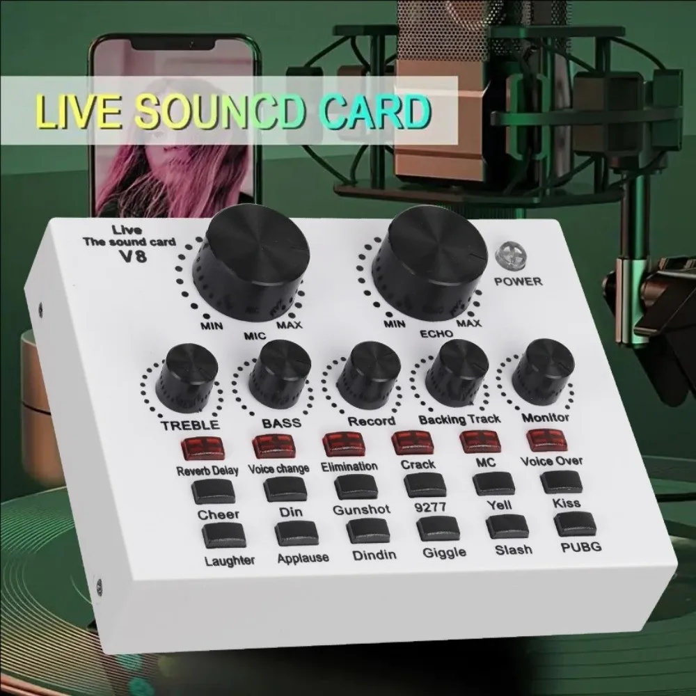 

Прочный аудиомикшер V8 Звуковая карта Студийная запись Караоке Микрофон Звуковая карта Белый Черный Внешняя звуковая карта Мобильная запись