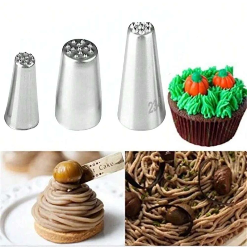 3Pc Stainless Steel Grass Cream Icing Nozzles Small Grass-Shape Decoration Mouth for Pastry Cake Decorating Essential Baking