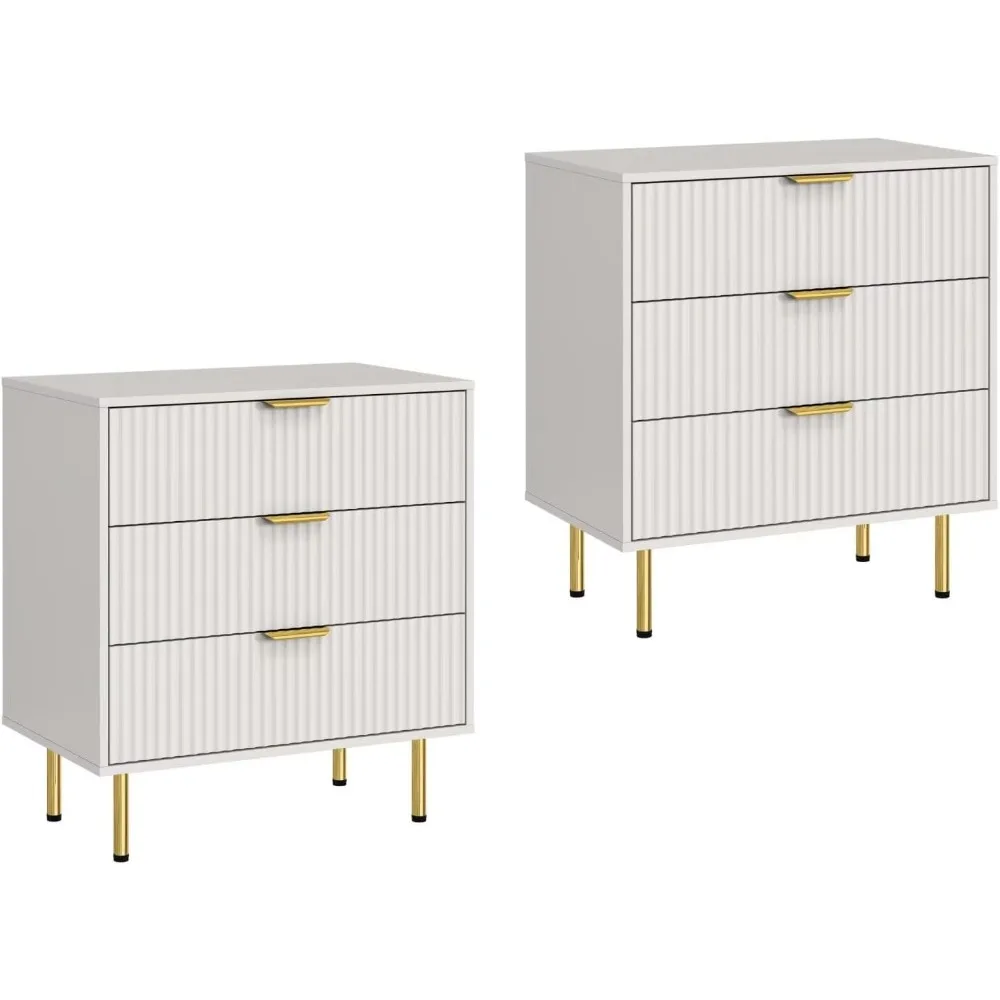 

White Fluted 3 Drawers Night Stand Set of 2, Bedside Table 16.93 Deep 27.95 Wide 30.43 Hight Dresser, Wood Chest of Drawers Nigh