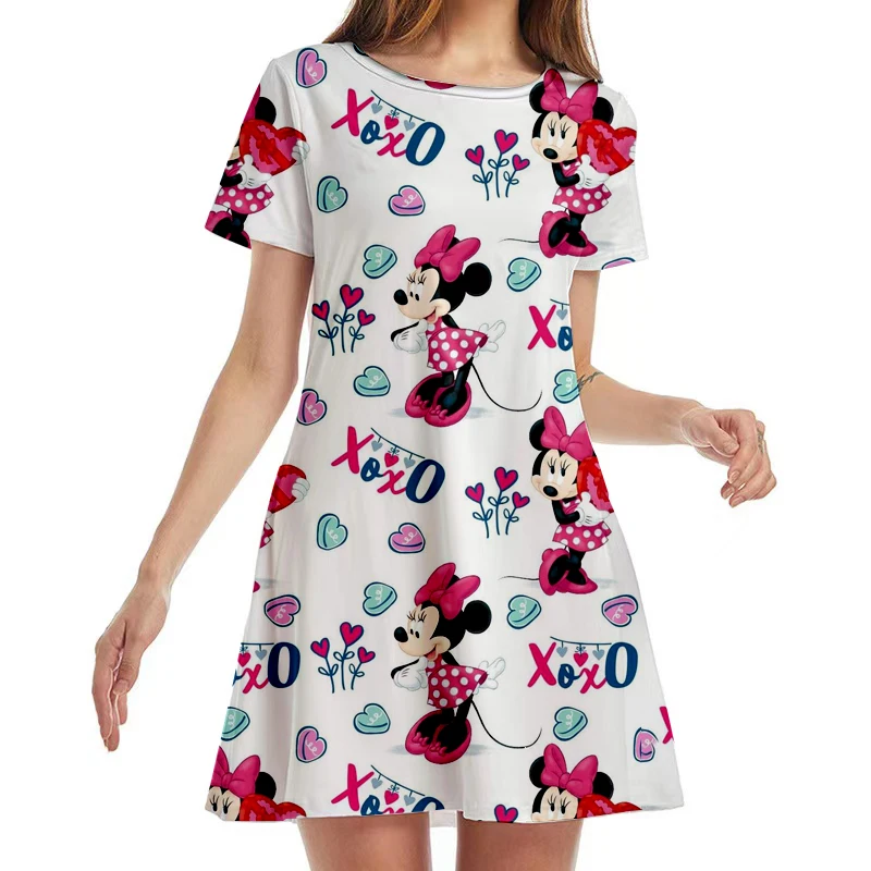 

New Summer Streetwear Disney Stitch and Mickey and Minnie Cartoon Pleated Loose Print Short Sleeve Knee Length Casual Dress 2022