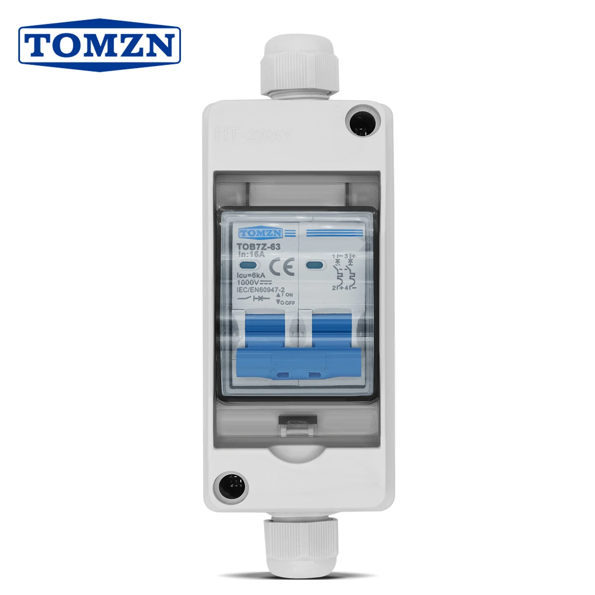 

TOMZN Solar photovoltaic PV Combiner Box with circuit breaker HT 2ways 1 in 1 out DC 2P DC 600V 1000V 3-63A Waterproof Box IP65