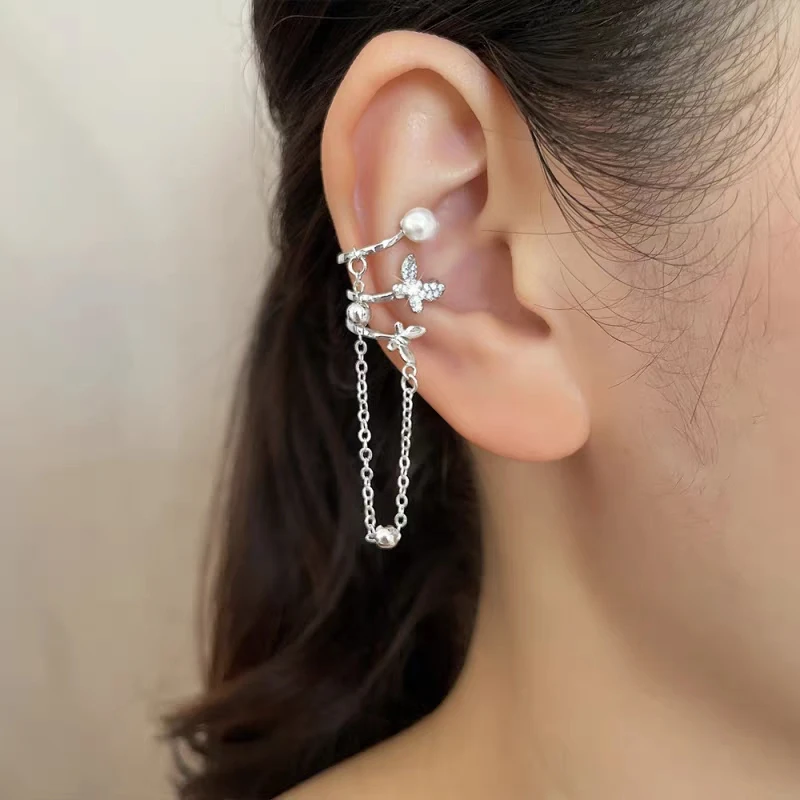 Dainty Y2k Ear Cuffs Design Butterfly Ear Bone Clip Earring for Women Imitation Pearl Tassel Orbital Helix Girlish Jewelry EF014