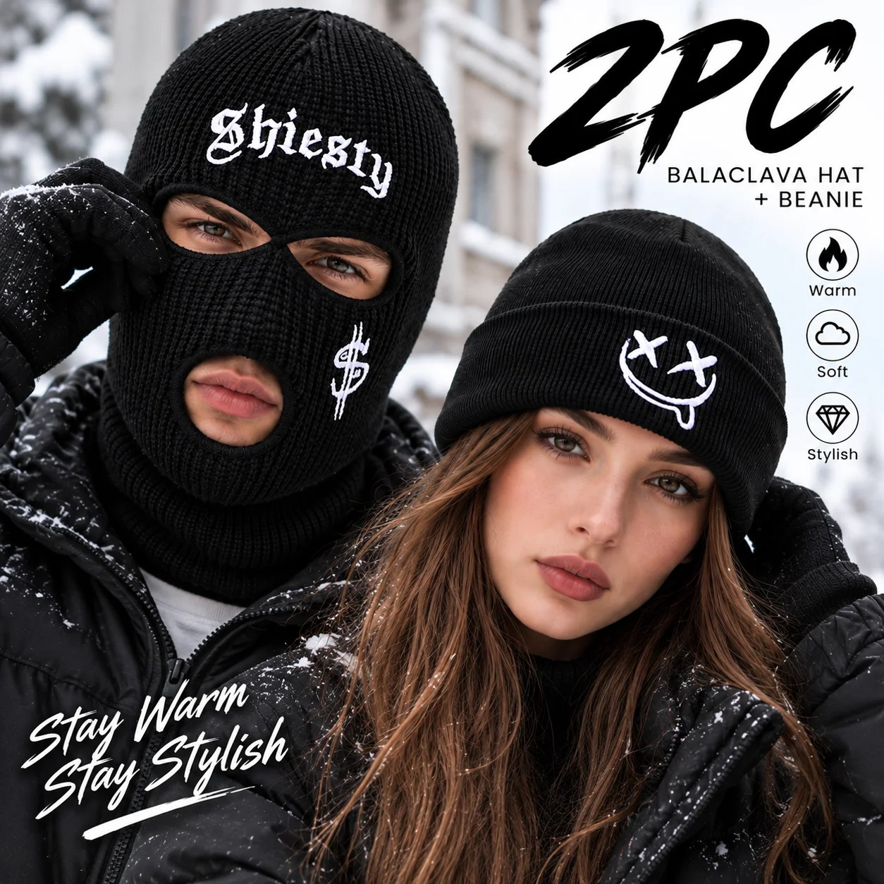 2PCS Streetwear Knitted Balaclava Bean Hat Set, Winter Warm Mask Hat, Men's and Women's Embroidered Skiing Mask Hat