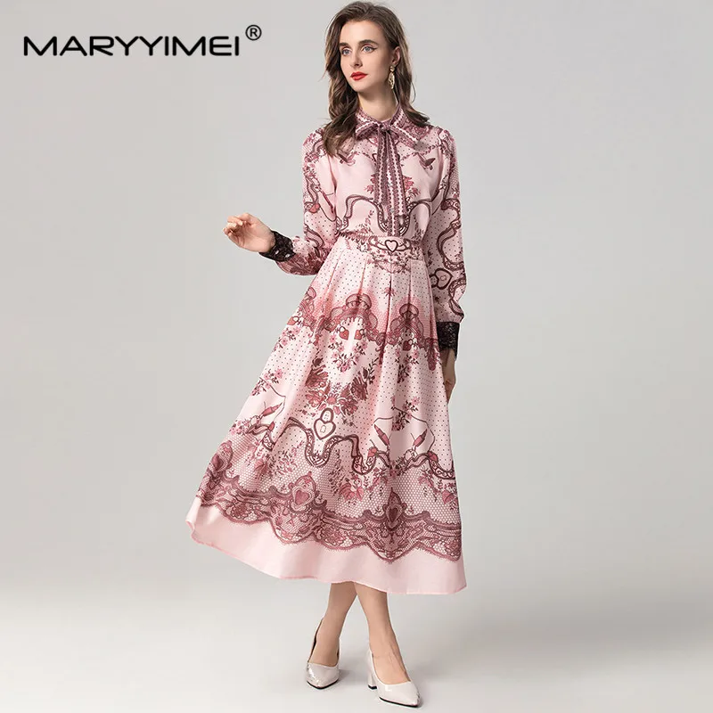 MARYYIMEI Autumn and Winter Women's Suit Scarf Collar Long-Sleeved Single-Breasted Tops+Casual Skirt Vintage Print 2 piece set