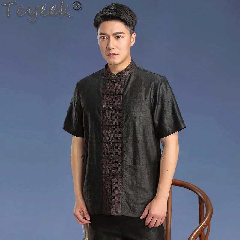 

Tcyeek 100% Real Mulberry Silk Shirts for Men Summer Clothes Casual Short Sleeve Top Chinese Style Mens Tops 2024 Chemise Homme