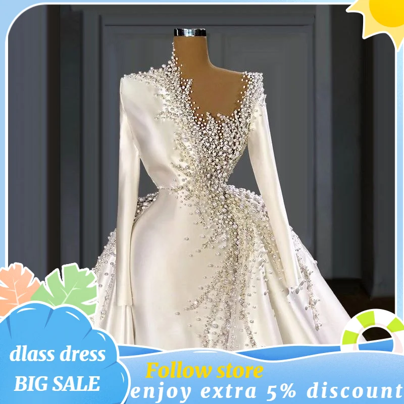 Elegante cetim vestido de casamento para as mulheres 2022 luxo frisado pérolas com saia destacável mangas compridas formal festa ponte bola vestido