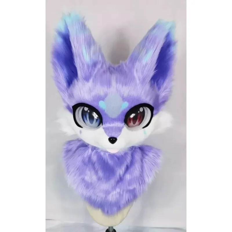 

Purple Furry Fox Long Fur Husky Dog Mascot Head Fursuit Party Cosplay