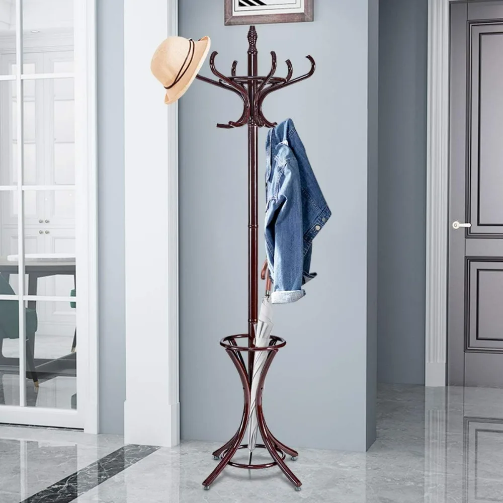 75.5 Inch Standing Coat Rack, Wood Coat Tree with 12 Hooks, Home Hanger Tree 12 with Umbrella Holder Coat Stand, Brown