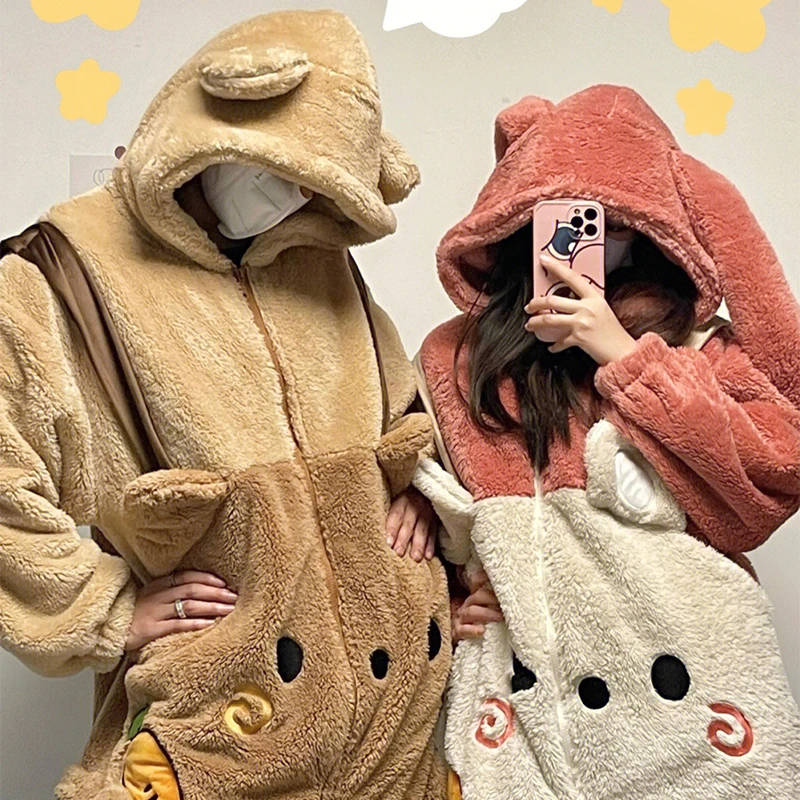 Inverno bonito de pelúcia uma peça pijamas feminino dos desenhos animados cenoura urso quente com capuz com zíper pijamas estudante kawaii casal casa wear