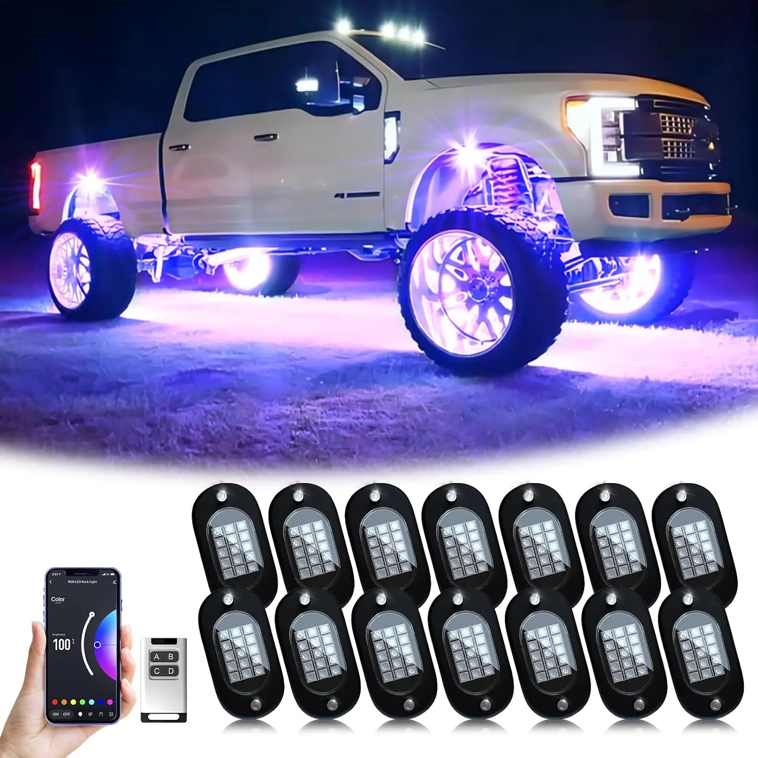 

RGB LED Rock Lights with App/Remote Control, Music Mode, Waterproof for Trucks ATV SUV