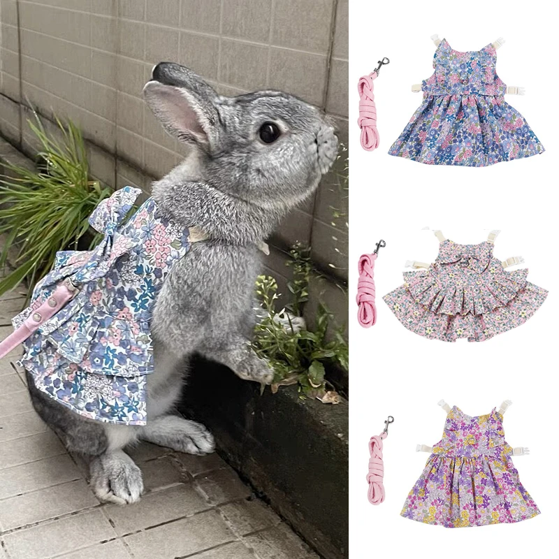 Cute Floral Dress with Leash for Rabbits Summer Pet Clothes Adjustable Bunny Harness Set Soft Cotton Rabbit Slip Dresses