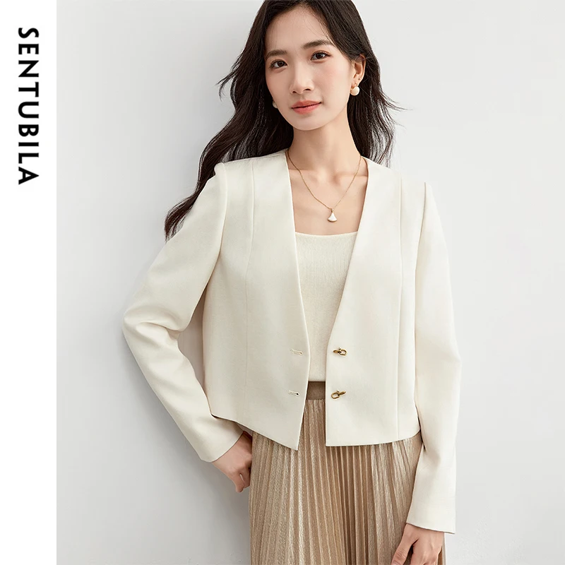 SENTUBILA Woman Cropped Blazer Short Tailored Coat 2025 Beige Straight V Neck Long Sleeve Outerwear Ladies Clothing 151X58226
