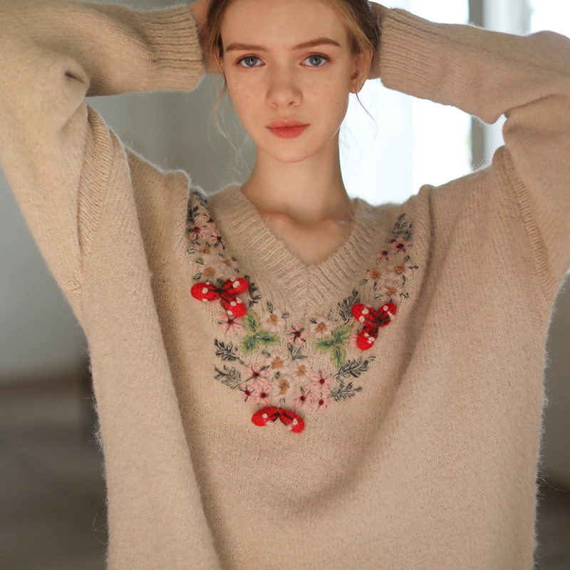 AIGYPTOS Fall Winter Warm Wool Knitted Sweater Women Korean Fashion Handmade Embroidery Floral V-Neck Oversized Pullover Sweater