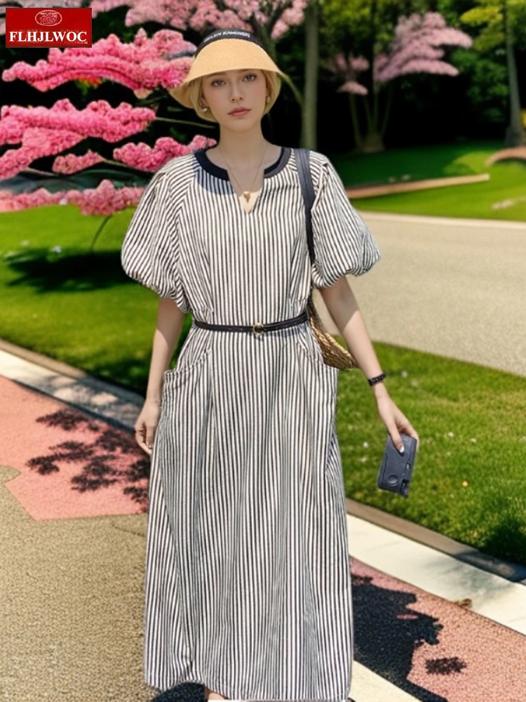 Loose Dresses New Fashion Women Pockets Retro Summer Puff Short Sleeve Casual Black Striped Shirt Dress With Belt