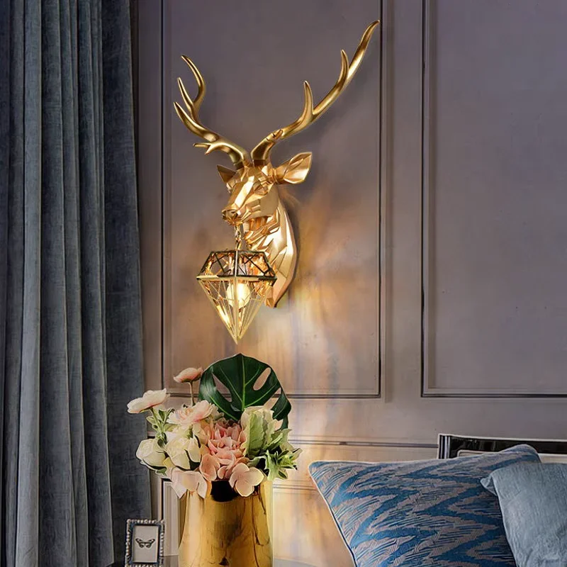 

Creative Deer Head Wall Lamp European Electroplated Geometric Light for Living Room Bedroom Corridor Retro American Antler Lamps