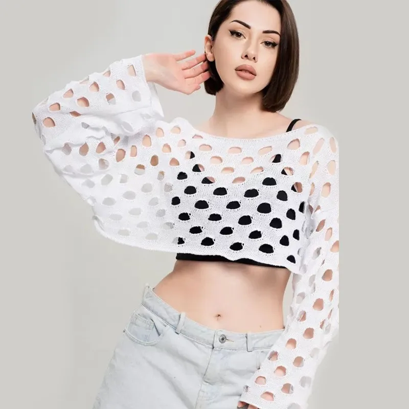 

Long Sve Pure Color Round Ne Hollow out Fem Одежда Осень Зима Трикотаж большого размера Мягкий спандекс Faion Топы