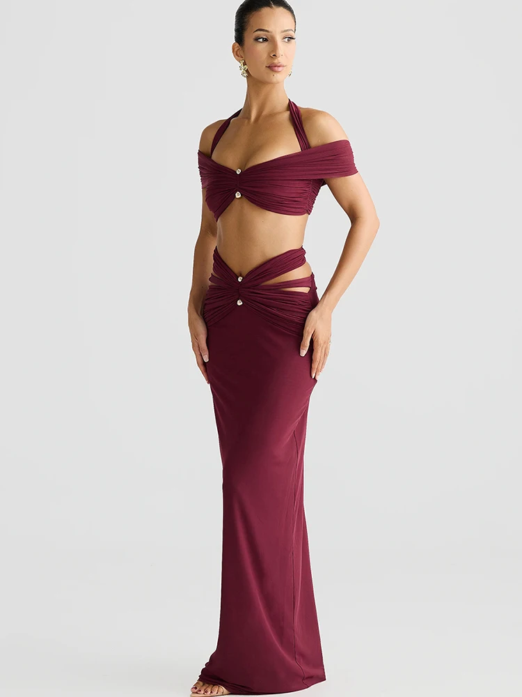 Macheda Dekorasi Gesper Logam 2 Potong Set Tank Top Terkena Pusar Halter Wanita + Rok Panjang Skinny Berongga Set Elegan Pesta Prom