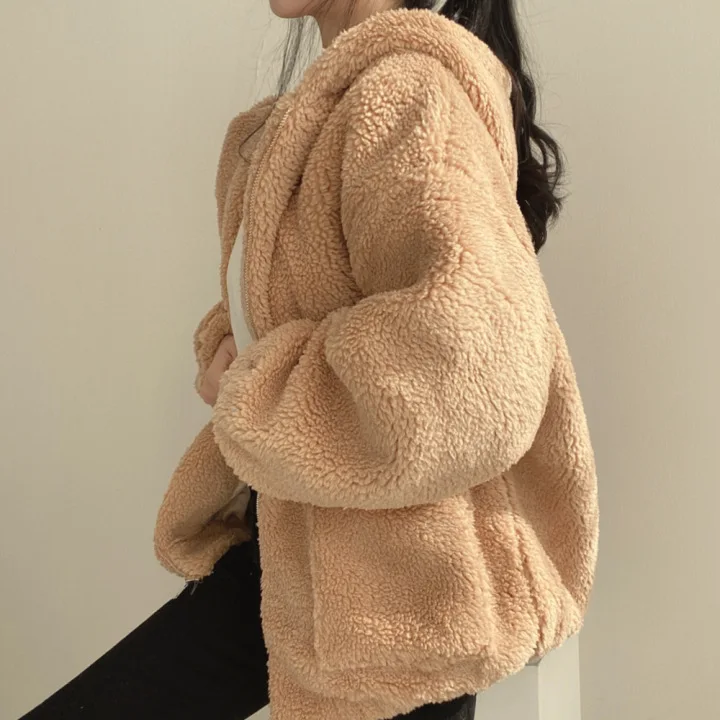 Korean Version Plush Thickened Lamb Wool Cotton Middle length Coat Women\'s Winter Loose Solid Color Zipper Hooded Jacket 2023