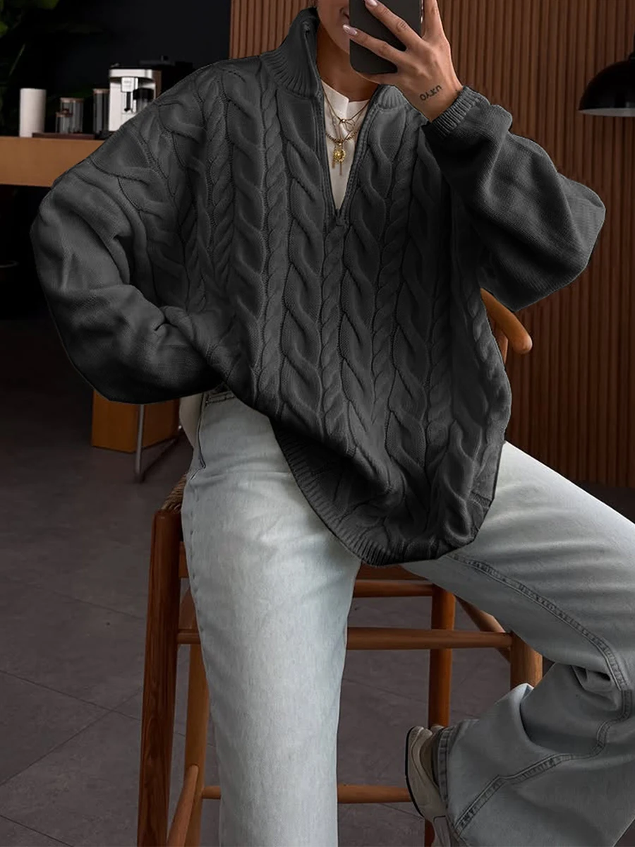 

Autumn New Solid Twisted Pullover Sweater Women Long Sleeve Zipper Half High Collar Jumper Casual Simple Fashion Loose Sweaters