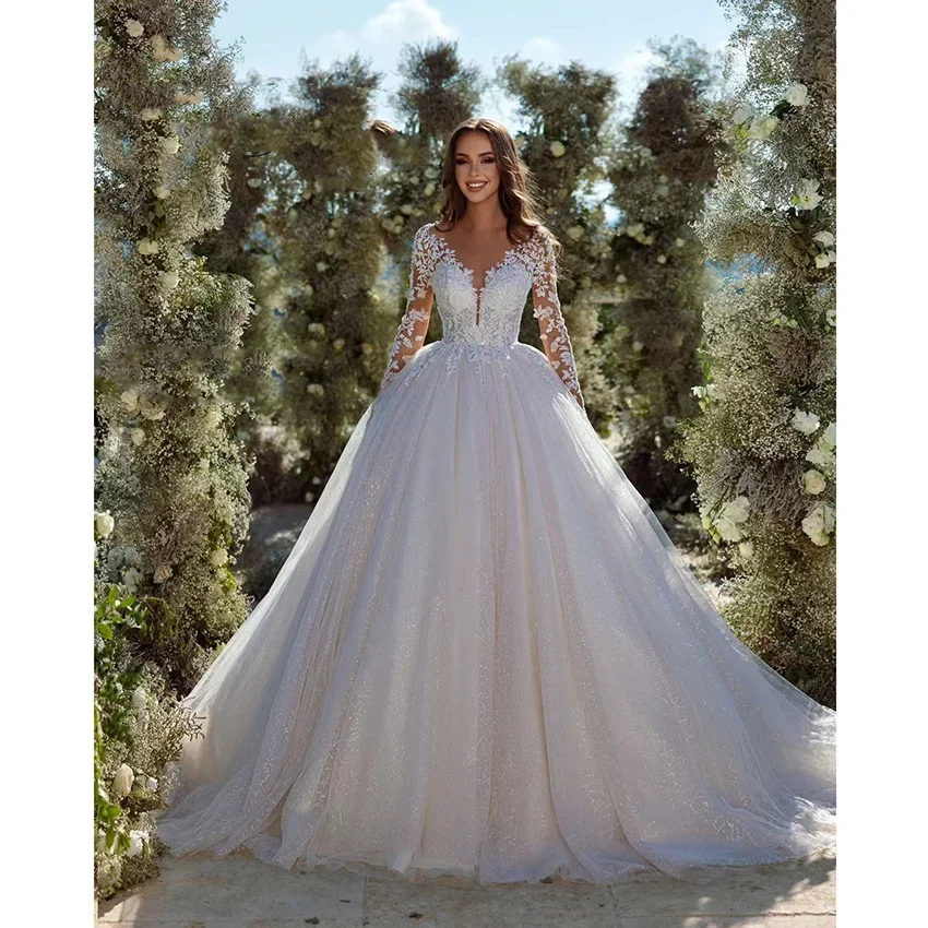 朱のカスタムメイド長袖ウェディングドレス、花嫁用Vネックボタンバックレースアップリケブライダルドレス、vestidos de novia