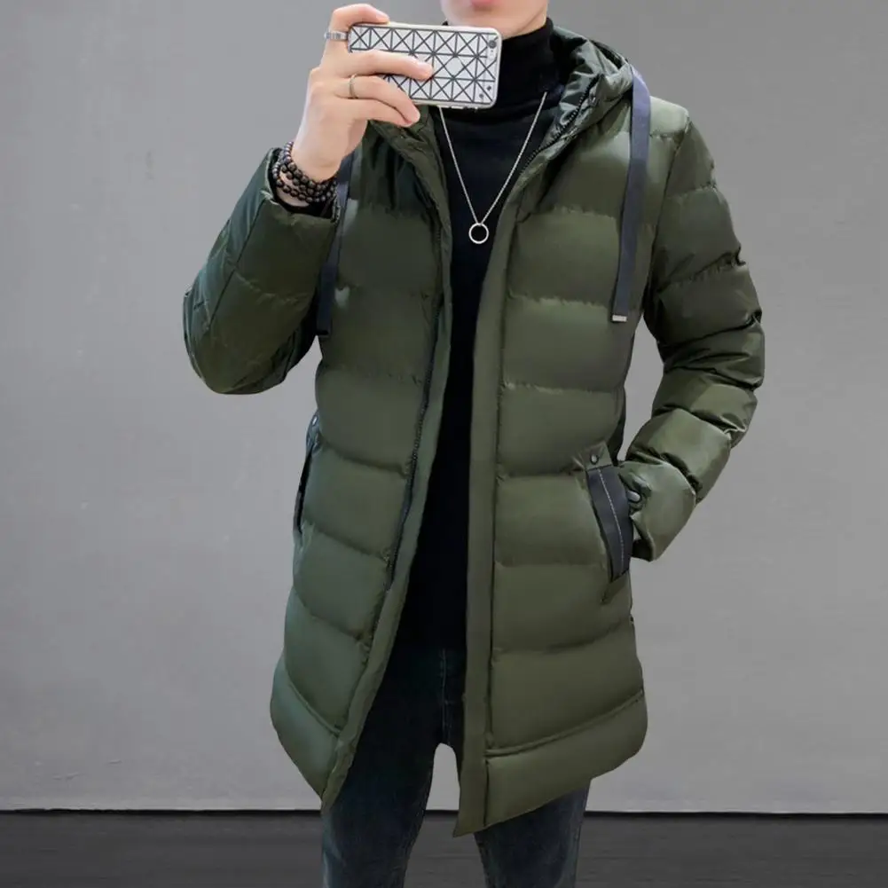 معطف شتوي بغطاء للرأس سميك بلون سادة مبطن سترة تحافظ على الدفء ميدي طول زمم معطف شتوي كبير الحجم للرجال للاستخدام اليومي