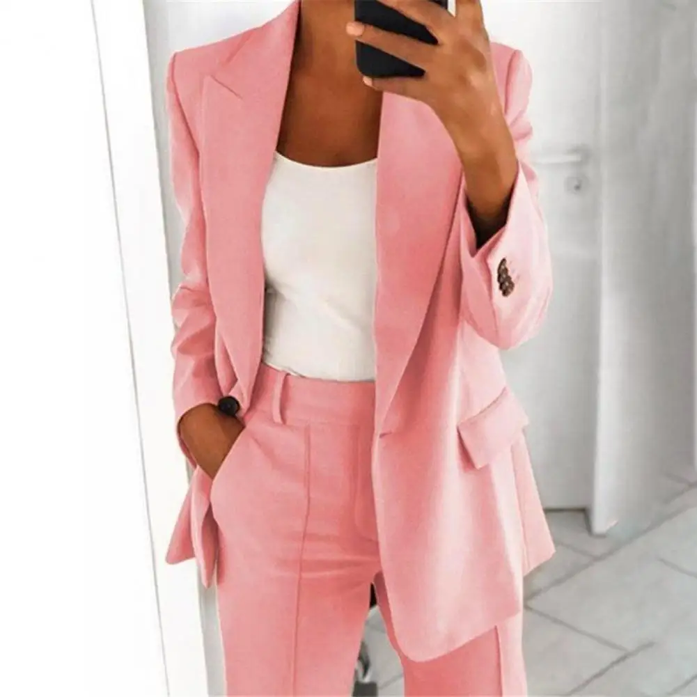 2Pcs/Set Women Lapel Long Sleeve Blazer High Waist Straight Wide Leg Long Pants Set One Button Pockets Coats Solid Work Suits