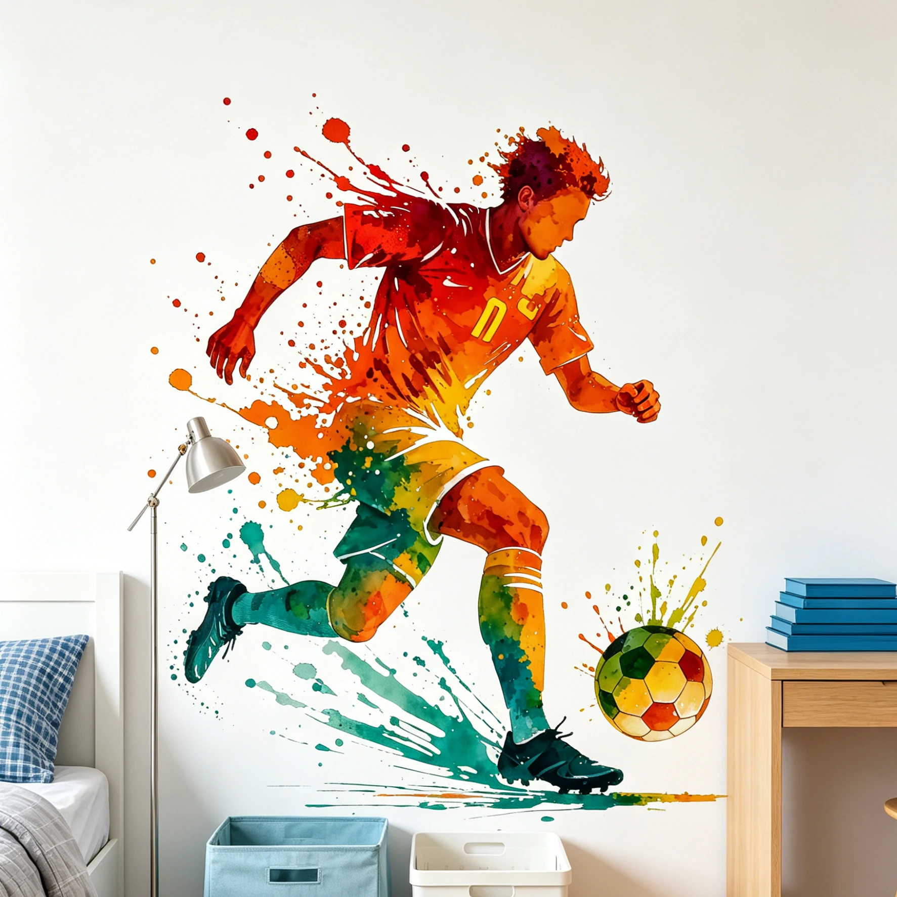 Watercolor Soccer Player Wall Stickers Color Splash Football Athlete Wall Decals Removable Boys Bedroom Sports Room Decor