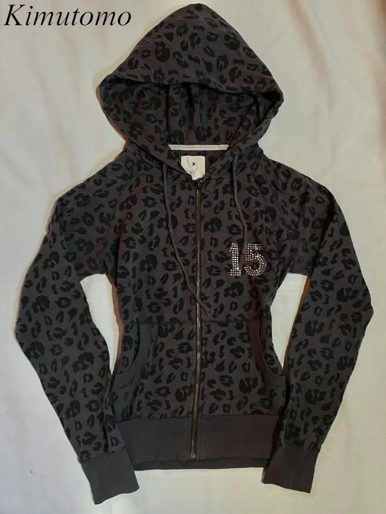 

Kimutomo Women Jackets Vintage Slim Leopard Printed Hooded Drawstring Pockets Autumn Winter Coats Female Y2k Harajuku Casual