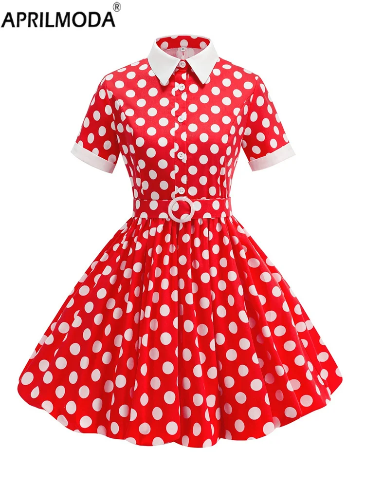 

2025 Polka Dot Print Women's Vintage Dress with Belt Cute Core Daily Birthday Evening Gowns Ball Gown 1950s Casual Mini Dresses