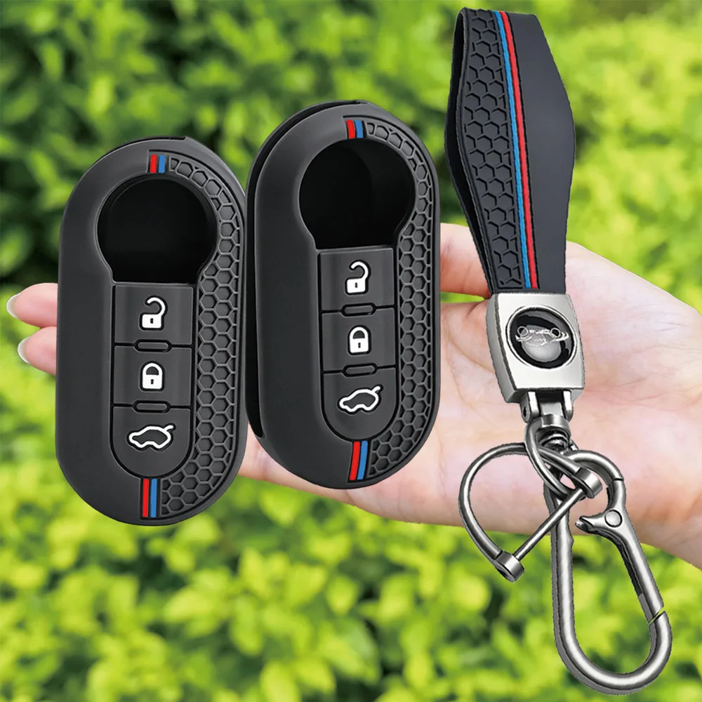 For Fiat 500 500L Panda Grande Punto Punto Evo Bravo Doblo Qubo silicone remote key case with wrist strap and carabiner