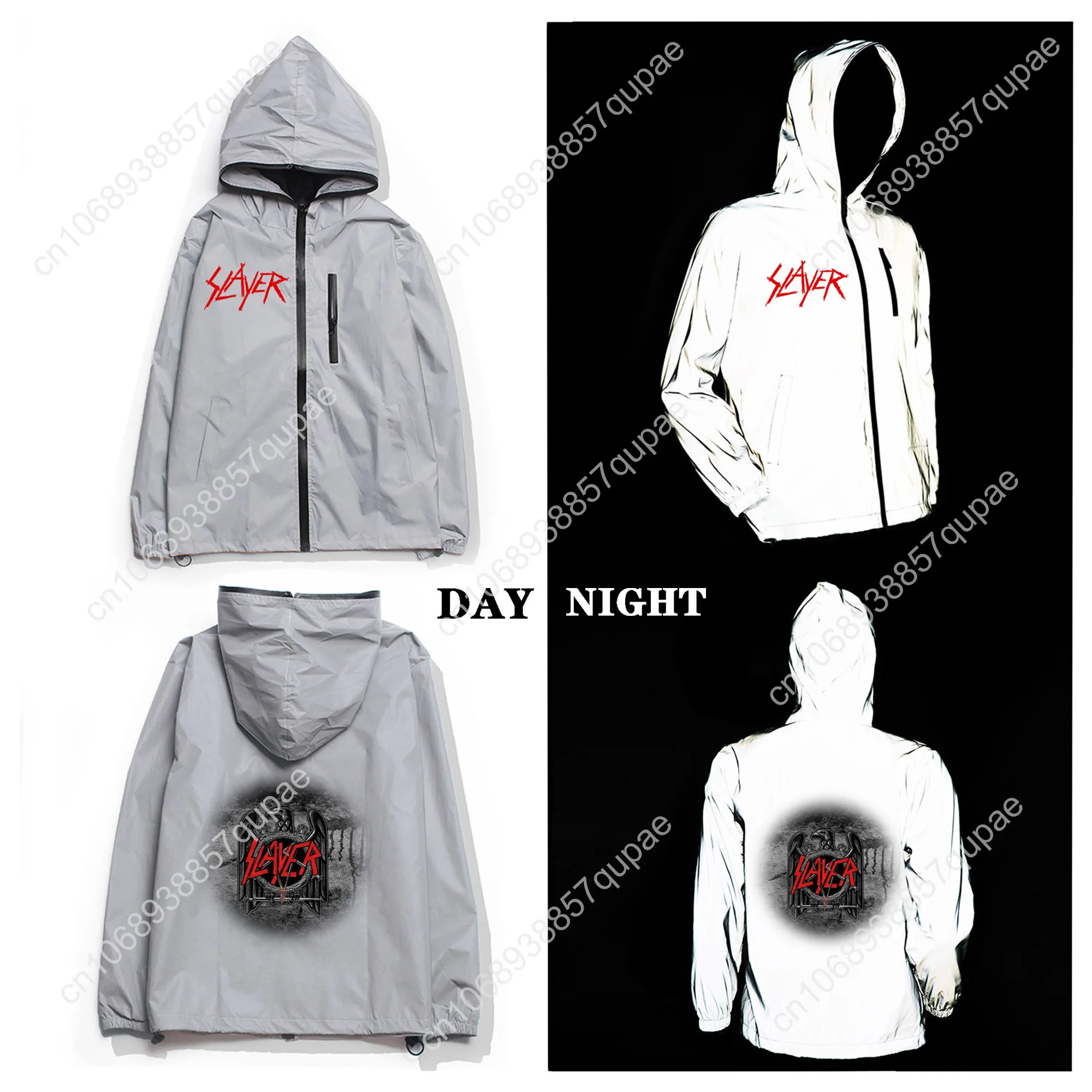 Slayer Heavy Metal Rock Band Reflective Jacket Men Women Coat Hooded Windbreaker Runing Pocket Jackets Cycling Customized Hoodie