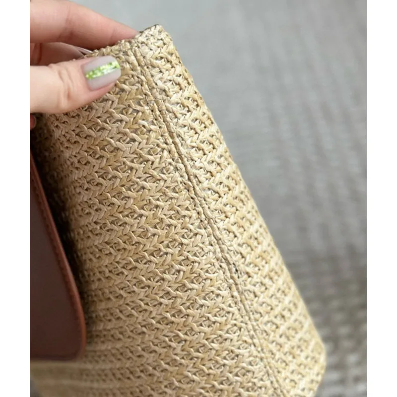 YS 2024 New Summer Contrast Spliced Grass Large Capacity Handmade Woven Bag Simple And Fashionable One Shoulder Handbag