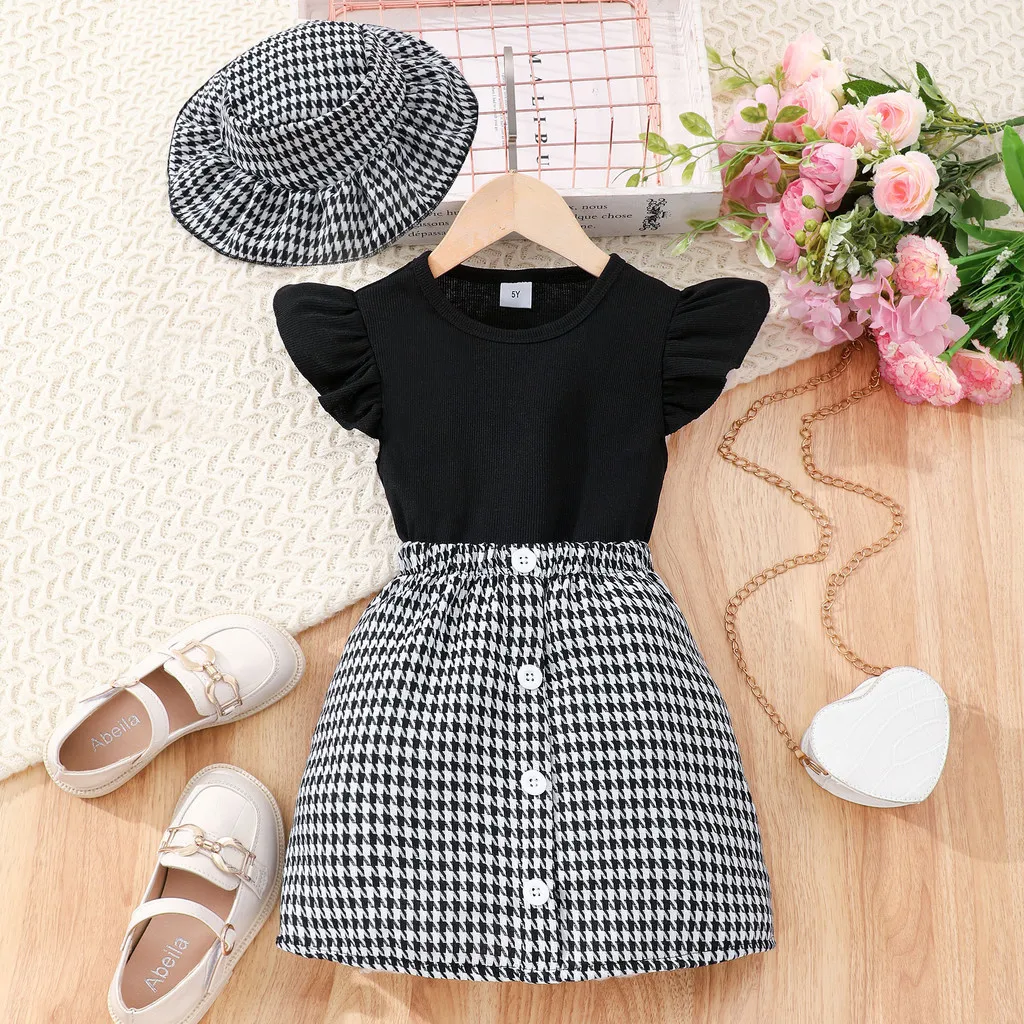 Fashion Houndstooth Set Kids Gril Clothes Short Sleeve Top+Skirt+Hat 3 4 5 6 7 Years Old Casual Cute French Girls Plaid Set