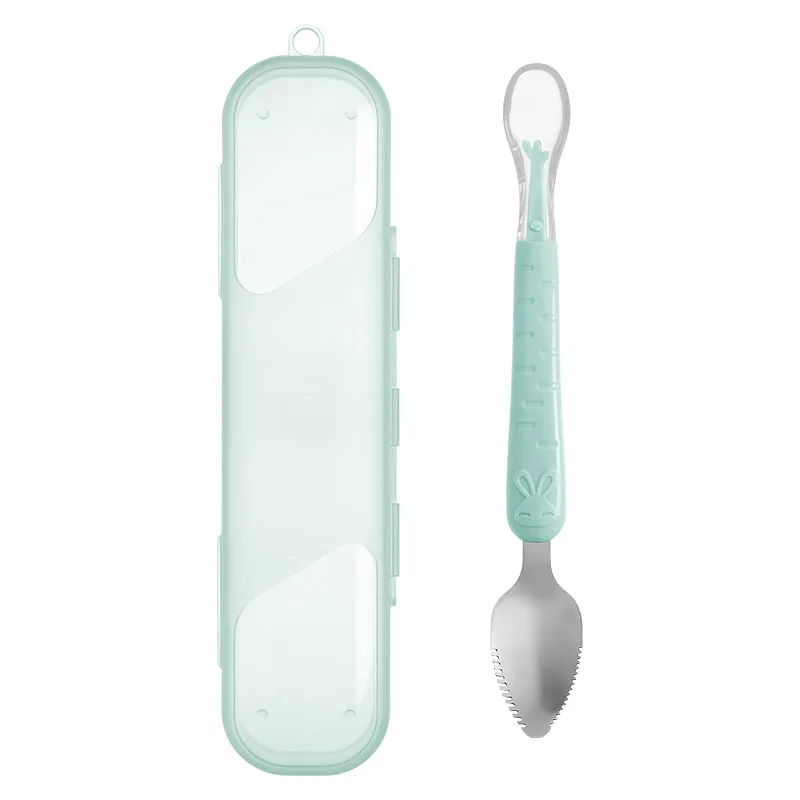 Baby Double Head Mud Scraping Silicone Soft Spoon Stainless Steel Digging Fruit Mud Spoon Feeding Complementary Food Spoon