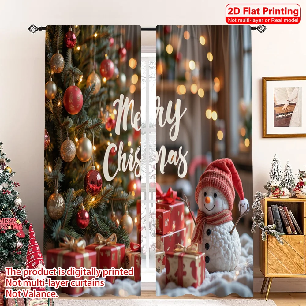 

2pcs 2D flat printing Merry Christmas Scene Curtains Merry Christmas Scene Polyester Fabric Without Electricity Festive Holiday