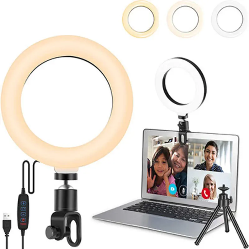 Fill Lamps 16cm LED Selfie Ring Light Dimmable Led Photography RingLight With Clip On Laptop Computer Tripod & Phone Stand