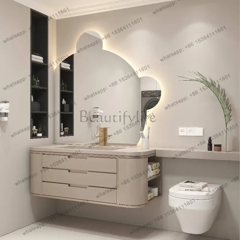 Light luxury French oak bathroom cabinet combination rock slab integrated basin modern cream style