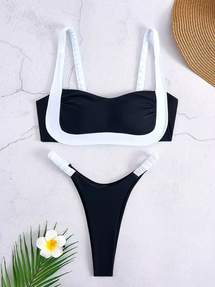 Vzvn Sexy Black White Spliced Thong Bikinis Women Split Swimsuit Beach Bikini 2026 New All Season Backless Bikinis 2 Piece Set