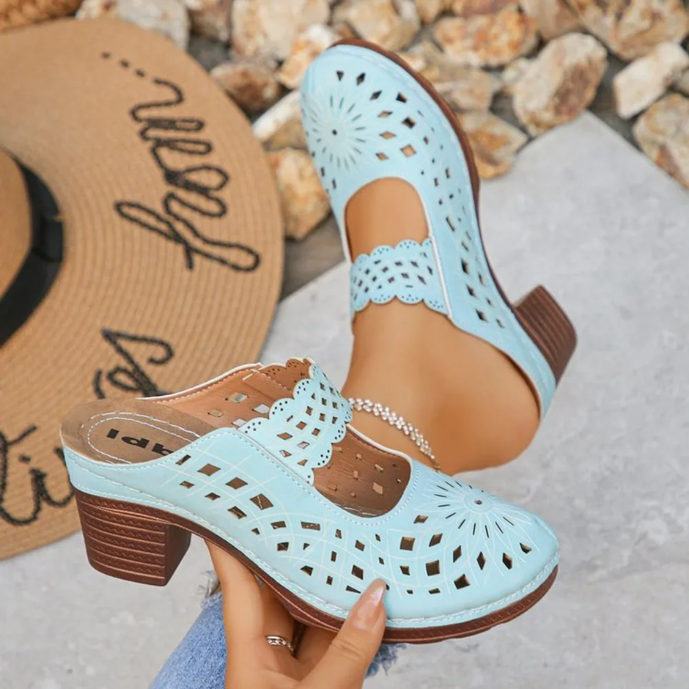 

Fashionable Hollow out Large Size High Heel Slippers Women's Slip-On Sandals round Toe Rubber Outsole Comfortable Summer Shoes