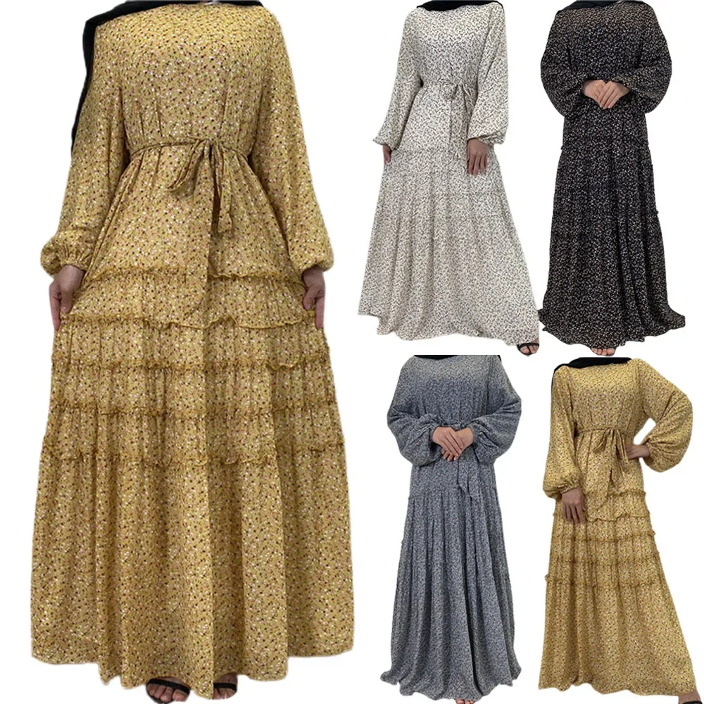 

Ramadan Eid Mubarak Muslim Floral Printed Abaya Longue Maxi Dress Turkey Arabic Vestido Kaftan Dubai Gown Femme Jalabiya Dresses