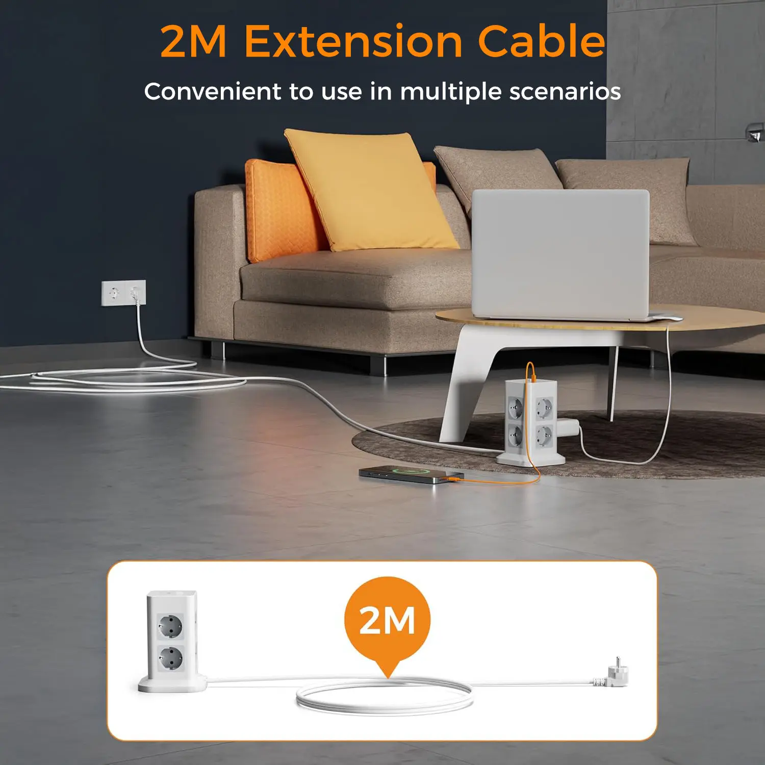 شريط طاقة متعدد لبرج تيسان مع 8 منافذ تيار متردد 3 من النوع C 1700J مقبس برج عمودي للحماية من الطفرة مع كابل 2 متر ذكي أسطواني متعدد التاباب