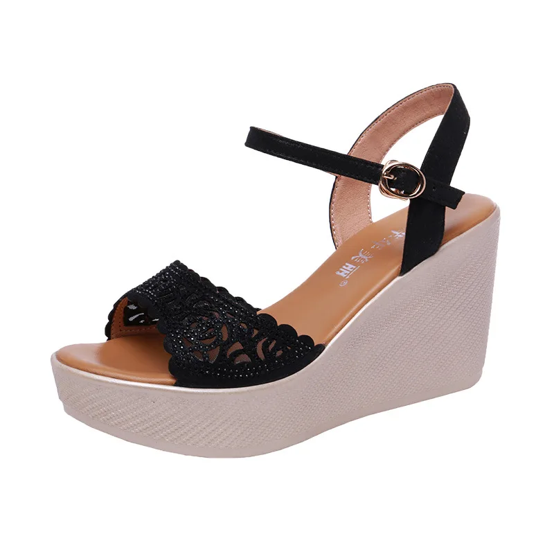 High quality summer wedge sandals for women 9cm high heel new 2024 size 32 33 42 43 platform open toe elegant shoe black gold