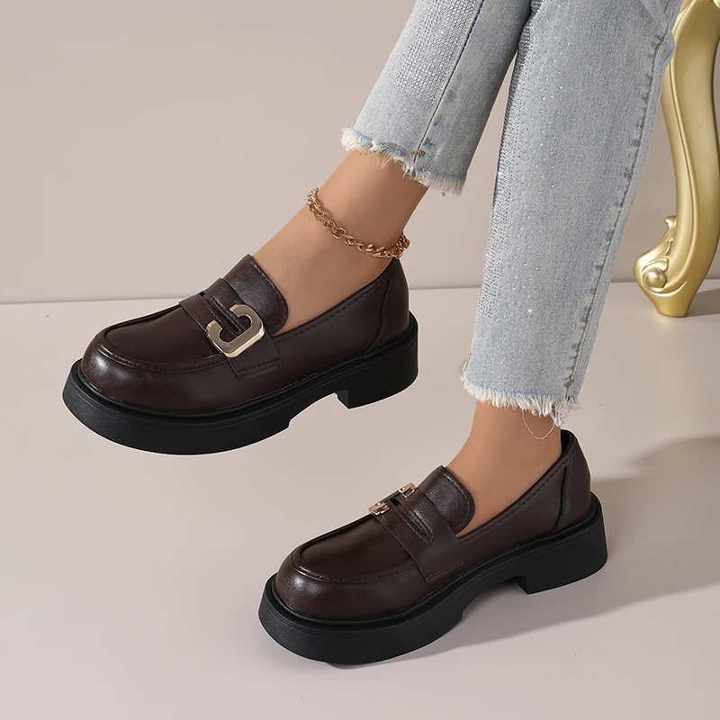 

Round Toe Leather Shoes for Women 2025 Spring and Autumn Black Fashion Versatile Slip-On Loafers