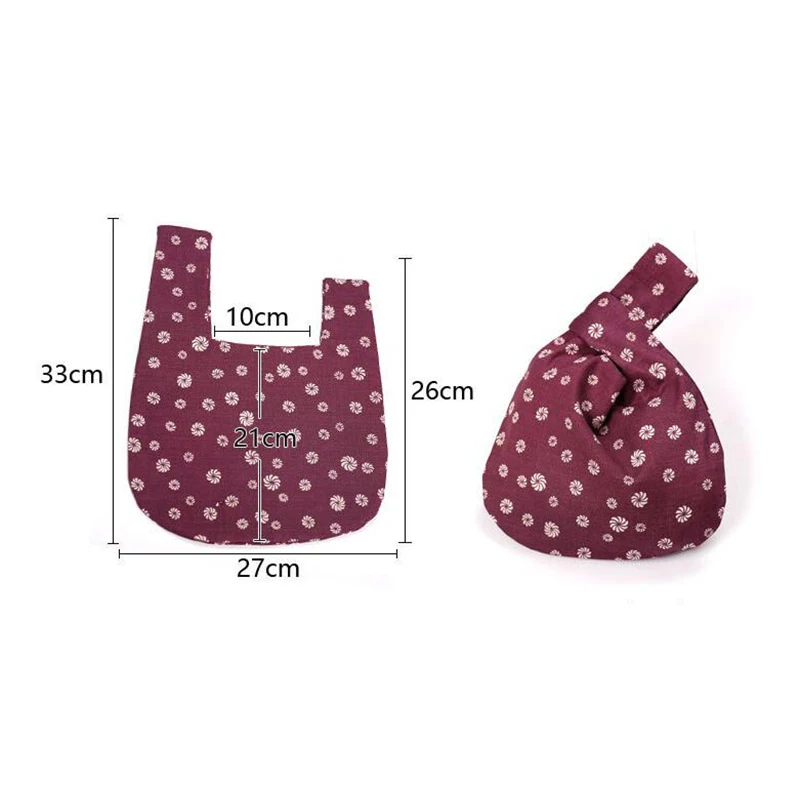 Women's Knot Wrist Bag Japanese Style Handmade Handbag Portable Mini Printed Flowers Bucket Bag Large Capacity Shopping Bag