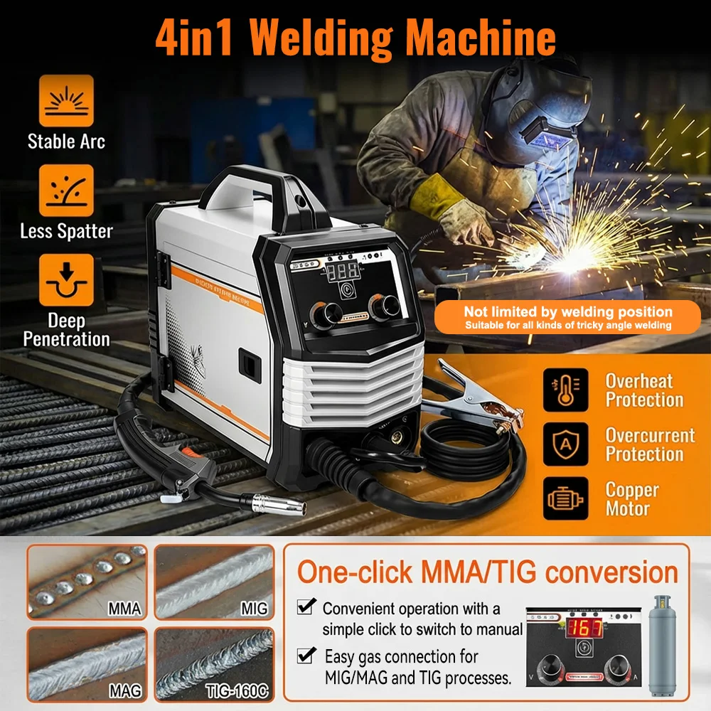 Machine à souder IGBT Podofo 4 en 1 MIG/MAG/TIG/MMA, soudeuse à inverter, kit de soudage par points, soudeuse à points portable DIY pour la réparation à domicile et automobile