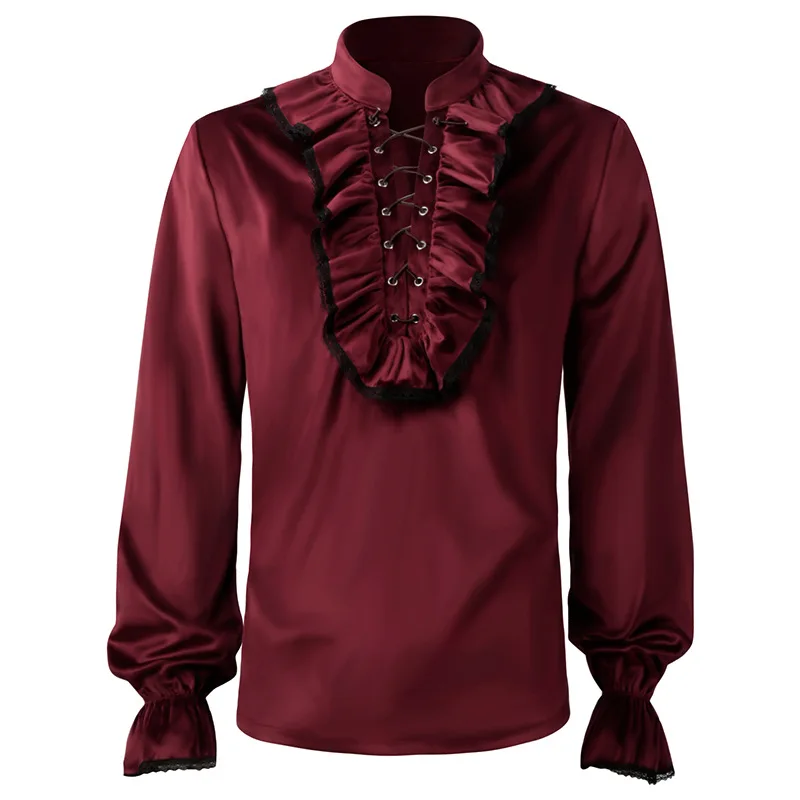 Red Lace Up Ruffles Lantern Sleeves Men Cosplay Pirate Medieval Renaissance Gothic Victorian Shirt Vintage Top Steampunk Outfit