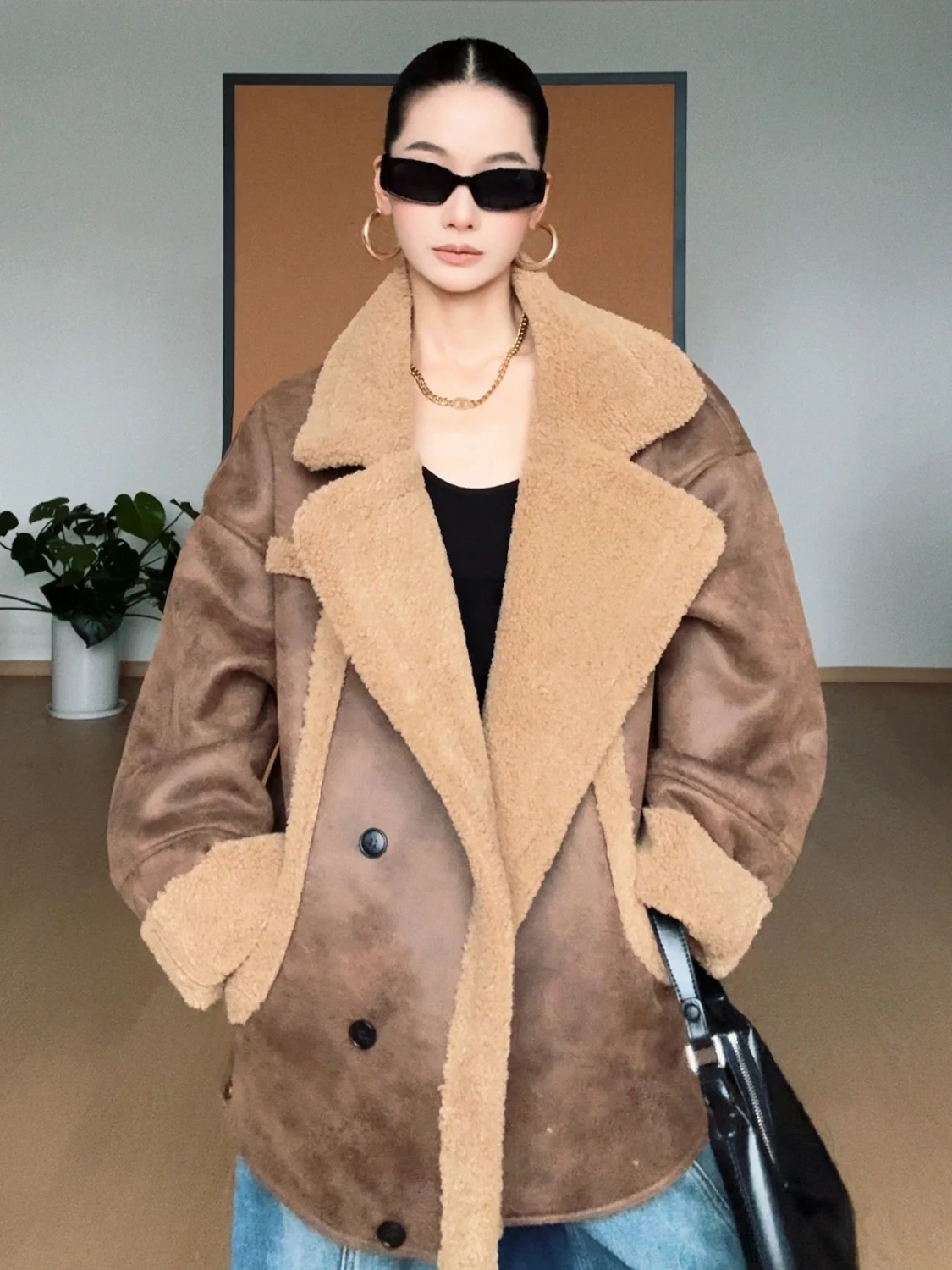 

CIZZLEMORE Faionable Thiened Lamb Fur Jaet Motorcycle Clothes Coat Warm Sli ort American Sle Women's Coat