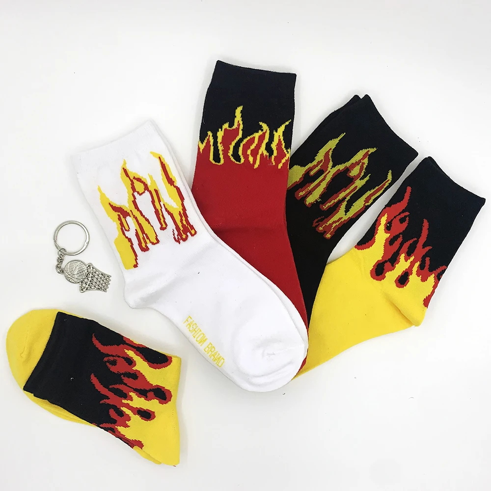 Men Fashion Hip Hop Hit Color on Fire Crew Socks Red Flame Blaze Power Torch Hot Warmth Street Skateboard Cotton  Socks Cool