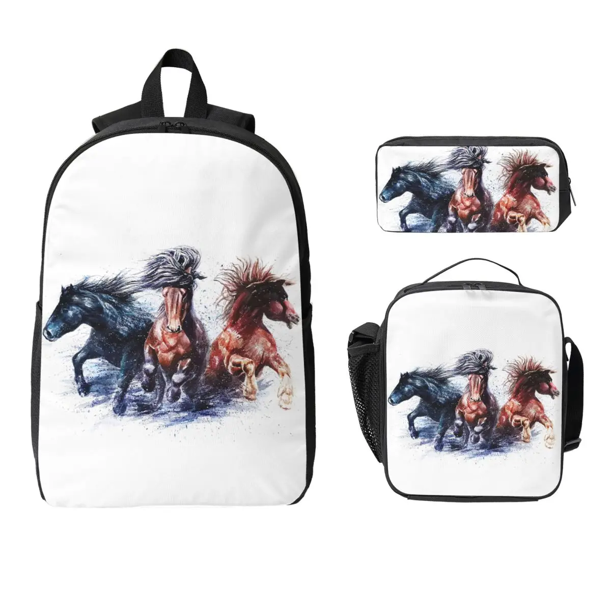 

Brown Horse Herd Running Galloping Animal Lovers Humor Backpack Boys Girl BookBag School Bag 3ps Insulated Lunch Bag Pencil Case