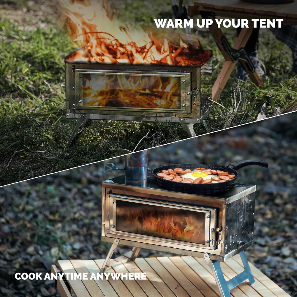 Estufa de leña de combustión secundaria, Montaje compacto, fácil hoguera, ventana de vidrio resistente al calor con chimenea, estufa de Camping al